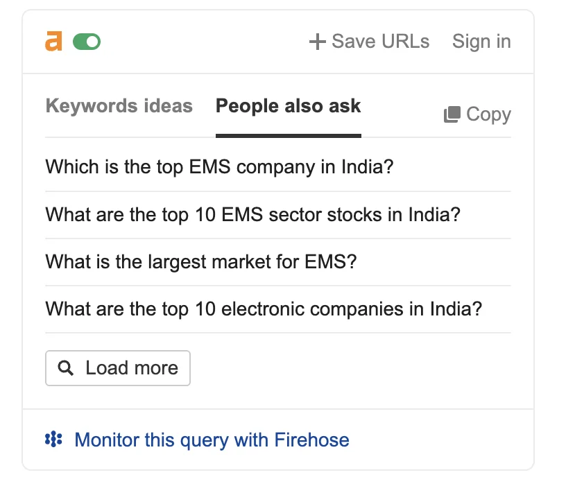 EMS company keywords in ahrefs keyword extension