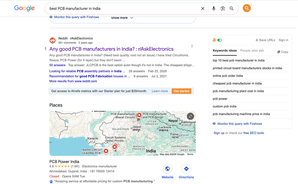Keywords appearing when searched for "Best PCB manufacturing in india" in ahrefs toolbar