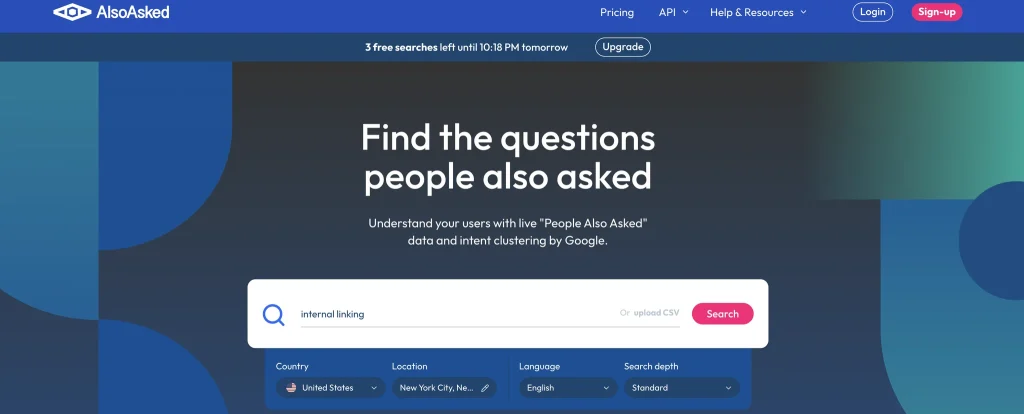 User Interface of tool alsoasked.com