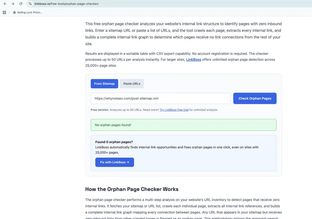 User interface of tool that helps to find the orpan page in any domain