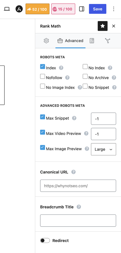 Rank math setting on indexing the pages